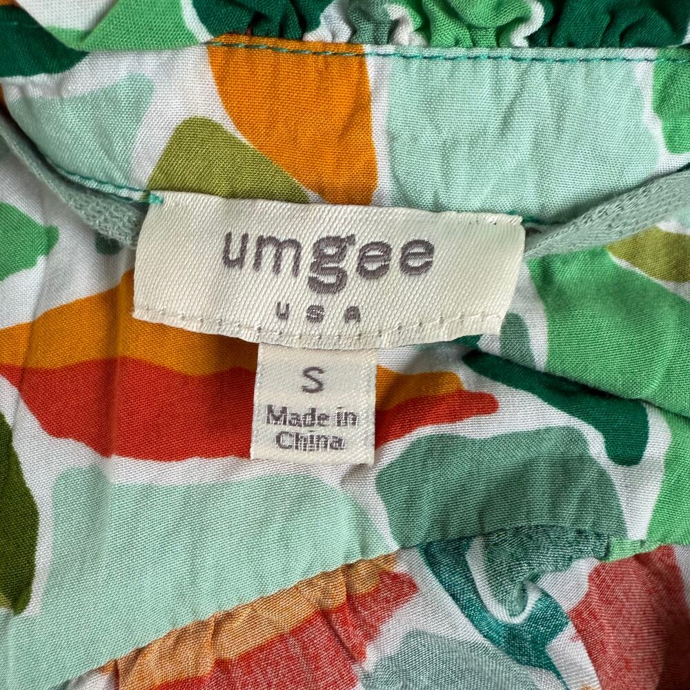 Umgee S Green Abstract Print Tiered Split Ruffle Neck Dress Ric Rac Trim Boho - Picture 5 of 6